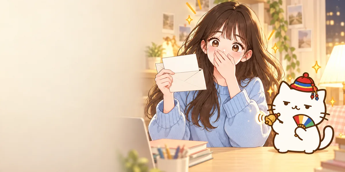 밤 책상에서 봉투를 열고 놀라 입을 가린 수험생과 옆에서 방울을 흔드는 무당 점냥이