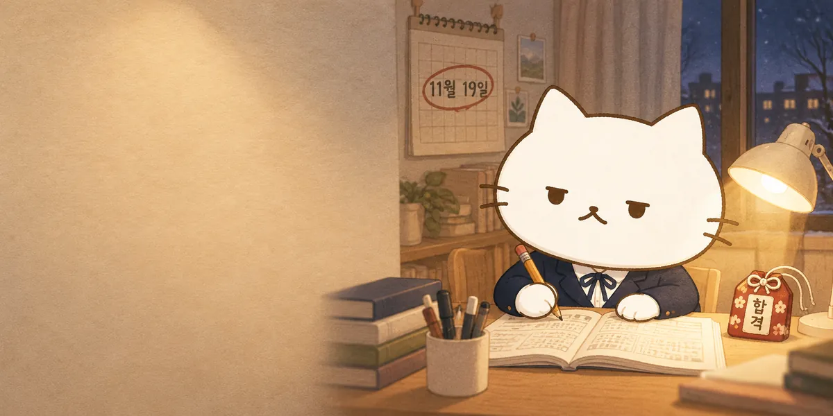 수능 전날 밤 책상에서 공부하는 점냥이