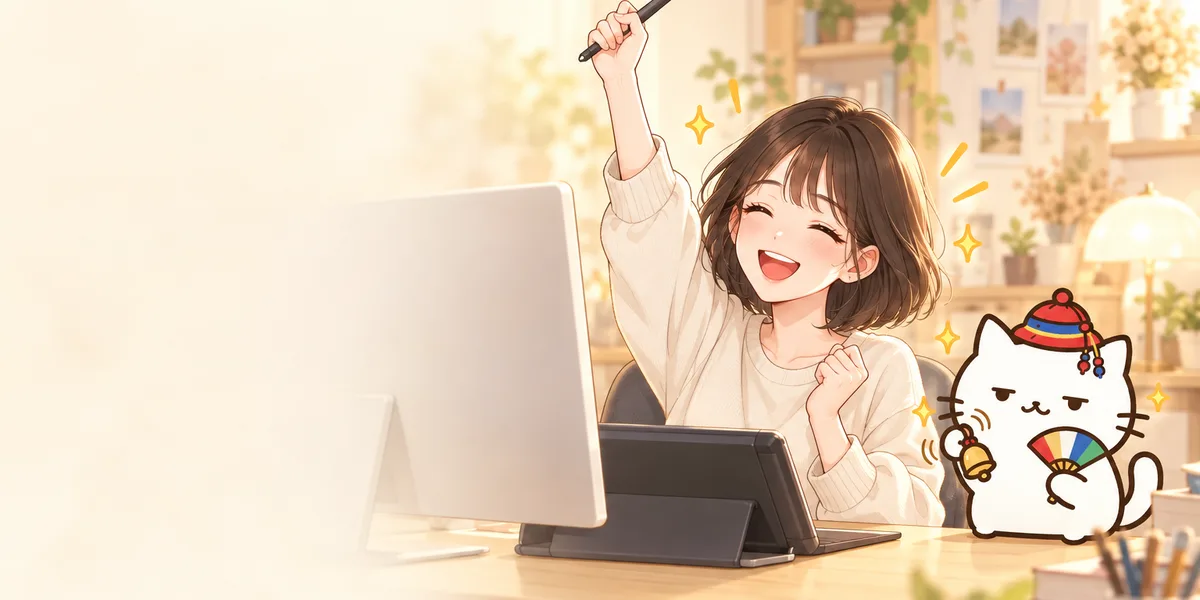 태블릿 책상에서 펜을 들고 기뻐하는 웹툰작가 지망생과 옆에서 방울을 흔드는 무당 점냥이