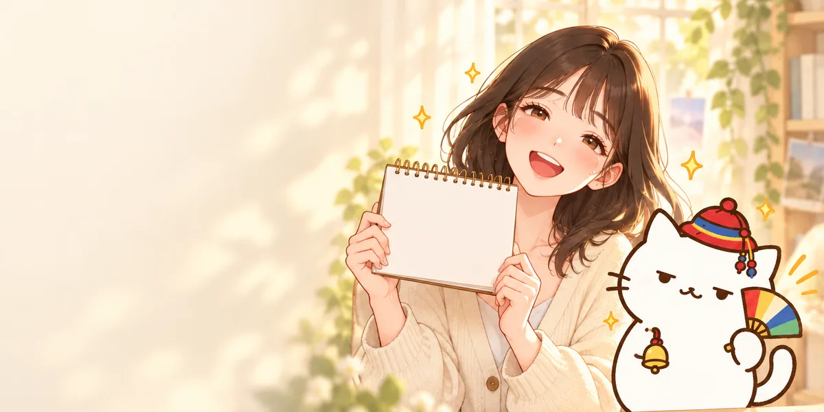 햇살 드는 창가에서 빈 다이어리를 들고 웃는 여자와 옆에서 부채를 흔드는 무당 점냥이