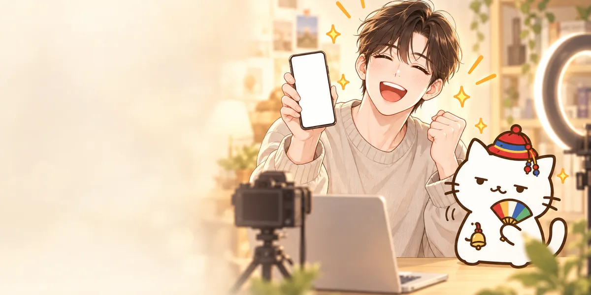 카메라 앞 책상에서 휴대폰을 보며 신나게 웃는 크리에이터와 옆에서 부채를 부치는 무당 점냥이
