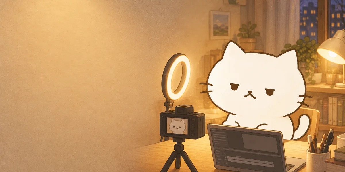 카메라와 링라이트 앞 책상에 앉은 점냥이