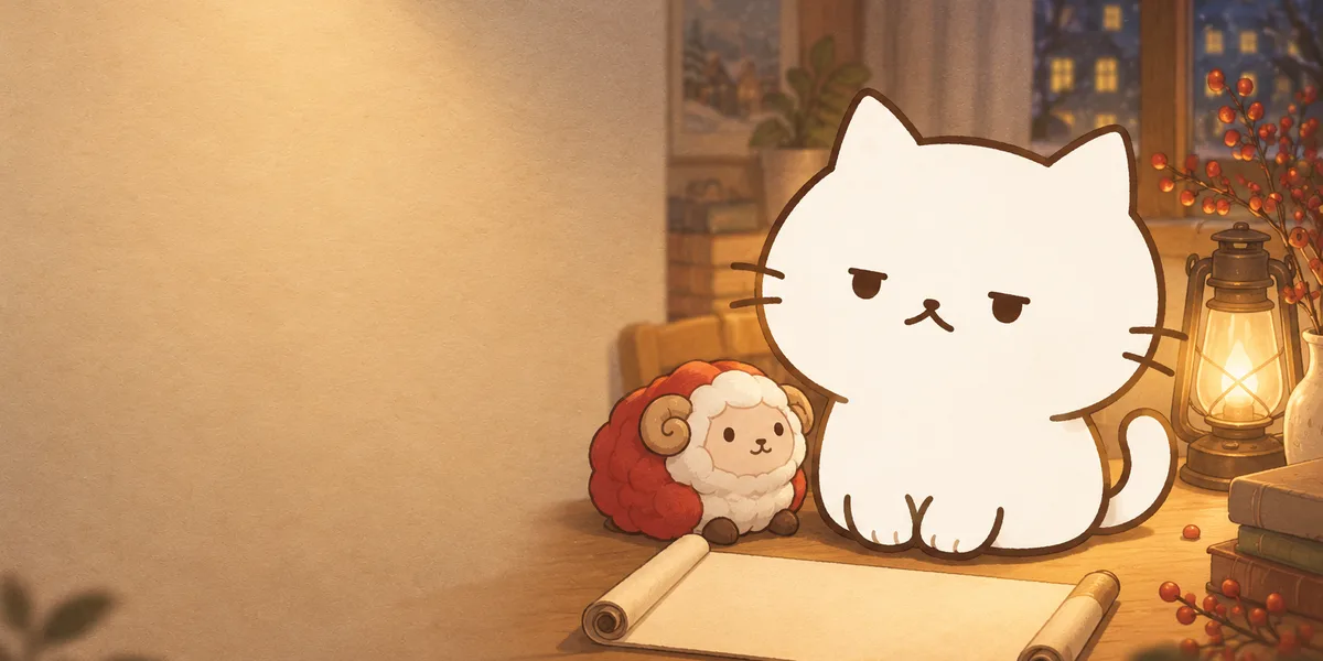 작은 양 인형과 두루마리 옆에 앉은 점냥이